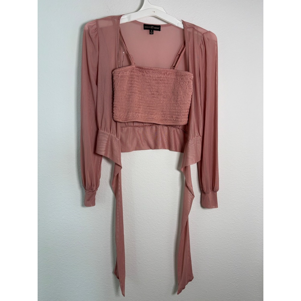 Almost Famous Pink Mesh Shrug and Smocked Tube Top 2 Piece Set Womens Small
